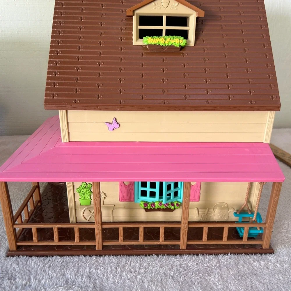 Lil Woodzeez Honeysuckle Hillside Cottage Dollhouse Pink Teal Foldable Playhouse